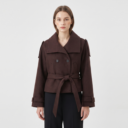Women's Wool Blend Cropped Coat High-Neck Belted Double-Breasted Jacket Edenforth