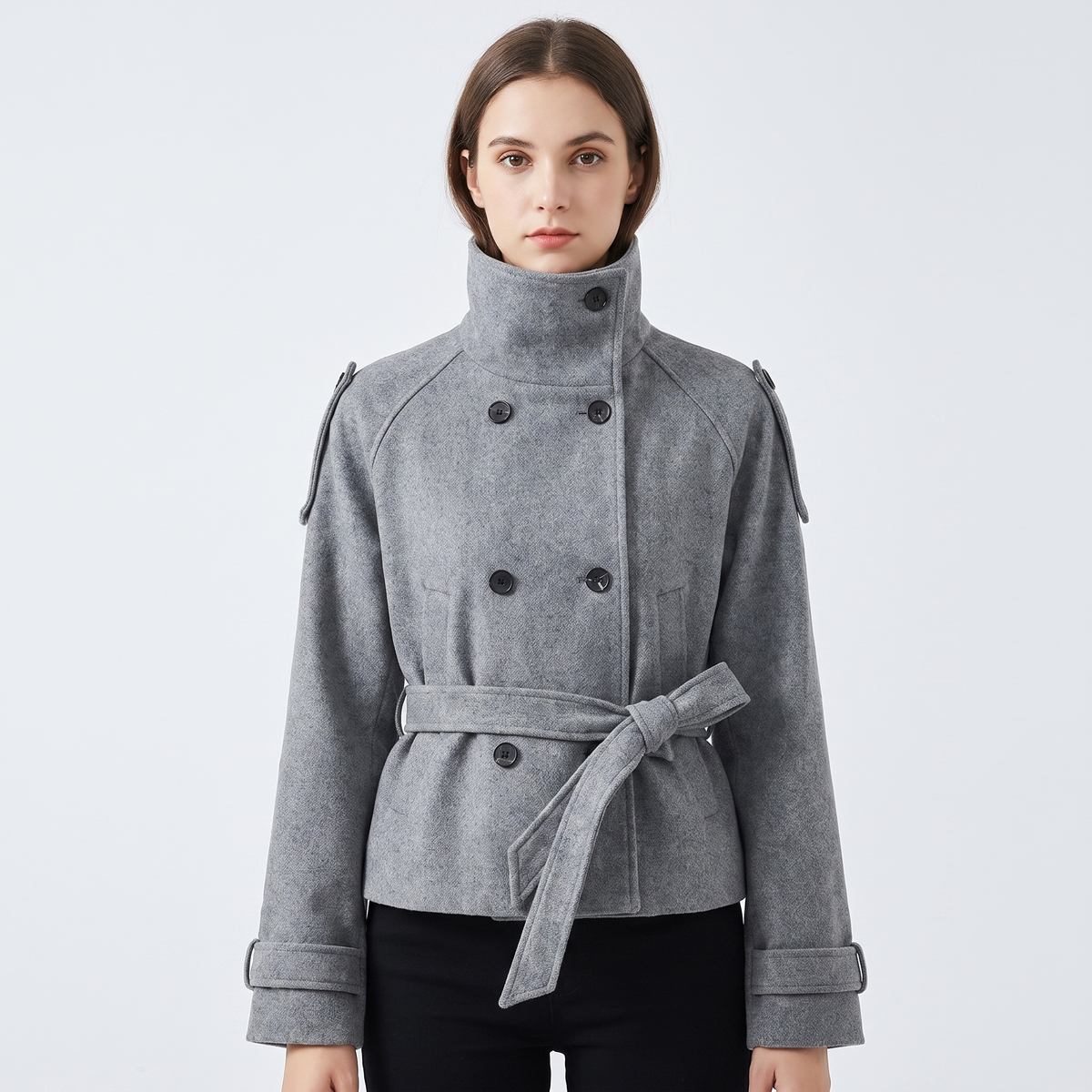 Women's Wool Blend Cropped Coat High-Neck Belted Double-Breasted Jacket Edenforth