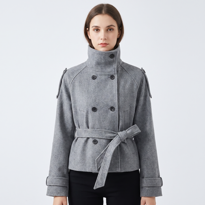 Women's Wool Blend Cropped Coat High-Neck Belted Double-Breasted Jacket Edenforth