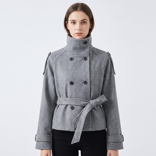 Women's Wool Blend Cropped Coat High-Neck Belted Double-Breasted Jacket Edenforth