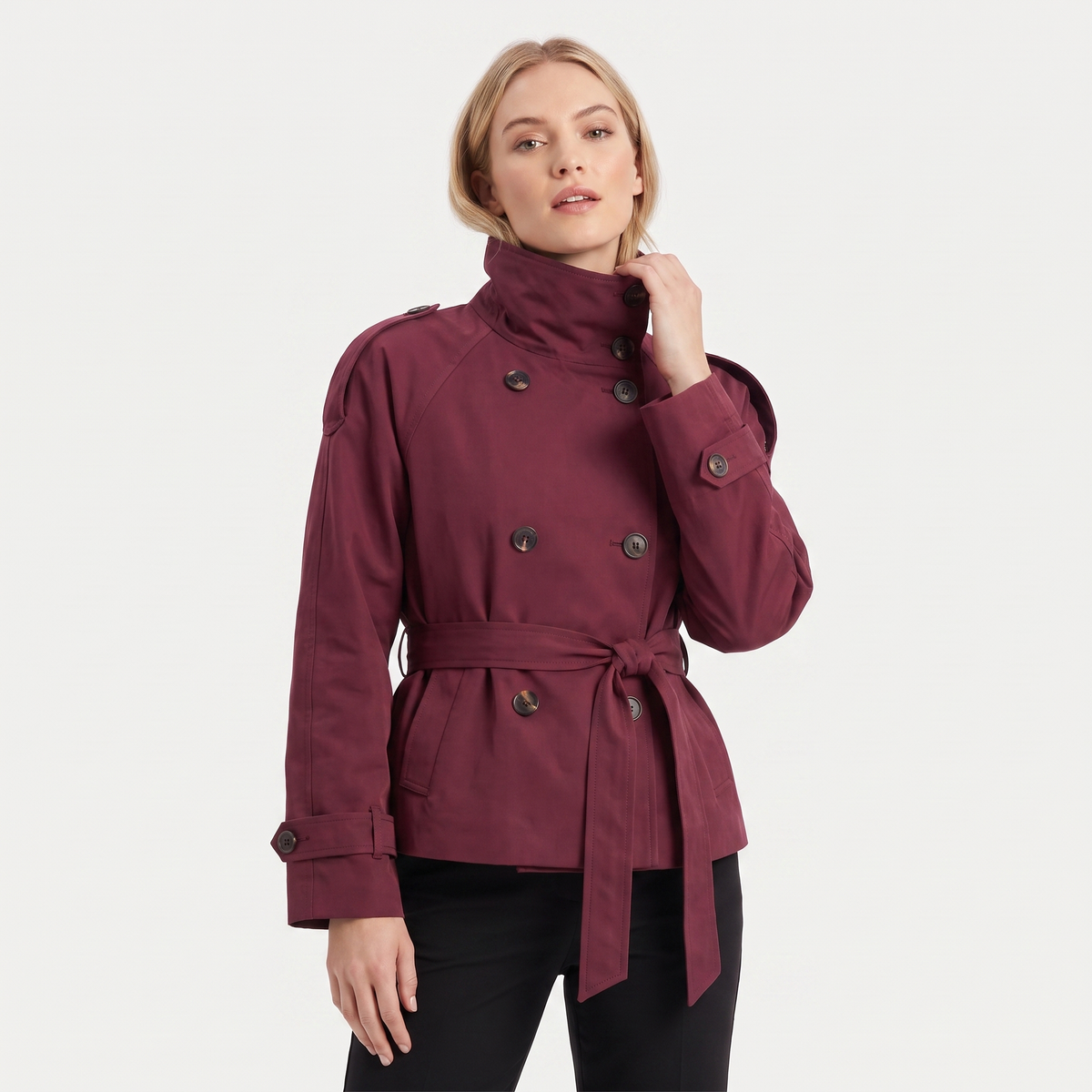 Women's Cropped Trench Coat Double-Breasted High-Neck Belted Short Jacket Edenforth