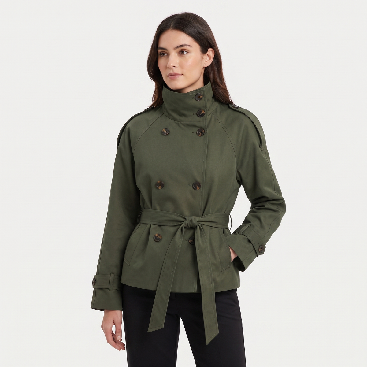 Women's Cropped Trench Coat Double-Breasted High-Neck Belted Short Jacket Edenforth
