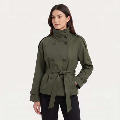 Women's Cropped Trench Coat Double-Breasted High-Neck Belted Short Jacket Edenforth