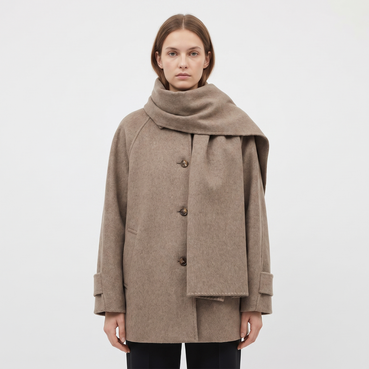 Women's Wool Blend Oversized Collarless Jacket Scarf Set Boxy Short Coat Edenforth