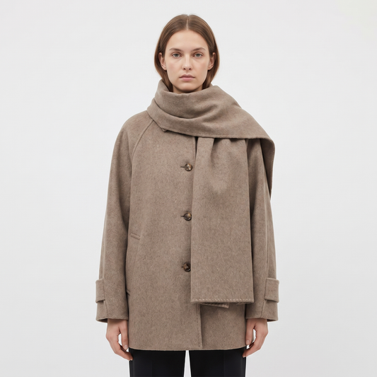 Women's Wool Blend Oversized Collarless Jacket Scarf Set Boxy Short Coat Edenforth