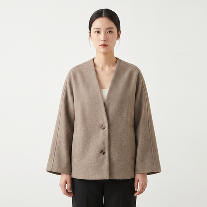 Women's Wool Blend Oversized Collarless Jacket Scarf Set Boxy Short Coat Edenforth