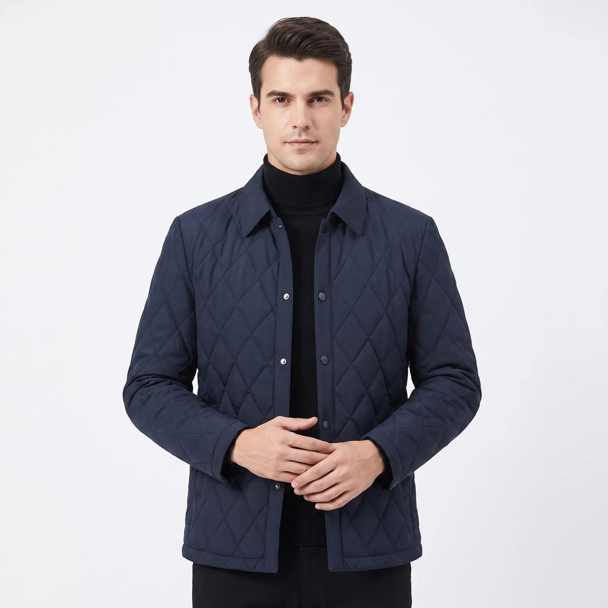 Men's Diamond Quilted Jacket Snap Button Collared Slim-Fit Padded Coat Edenforth