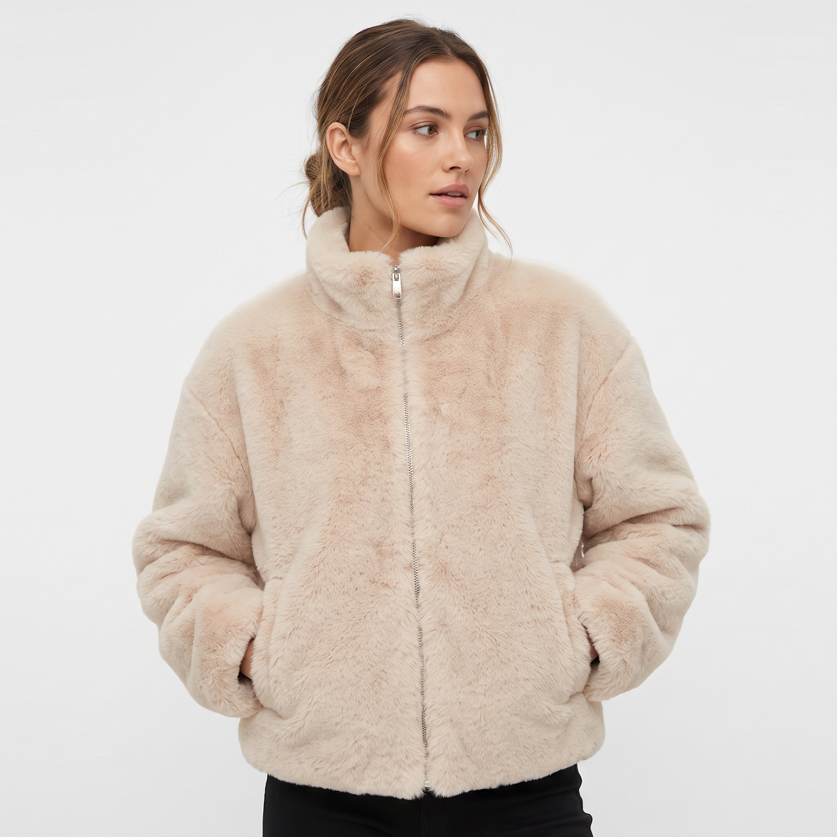 Women's Faux-Fur Cropped Jacket Zip-Up Stand Collar Fluffy Winter Coat Edenforth