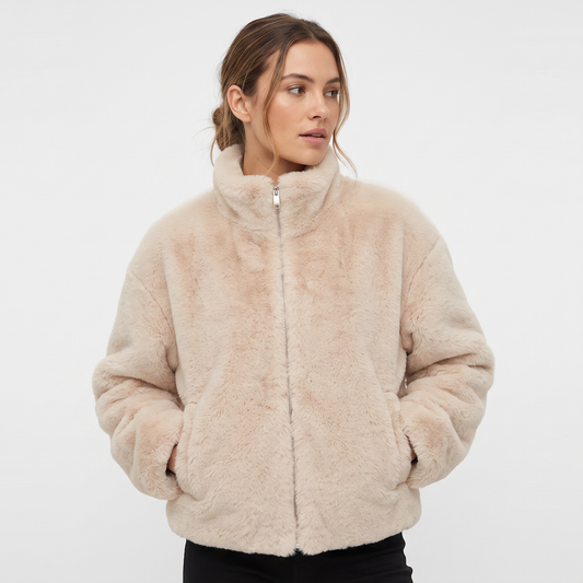 Women's Faux-Fur Cropped Jacket Zip-Up Stand Collar Fluffy Winter Coat Edenforth