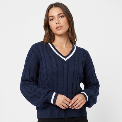 Women's Cable Knit Cricket Sweater V-Neck Contrast Stripe Cropped Top Edenforth