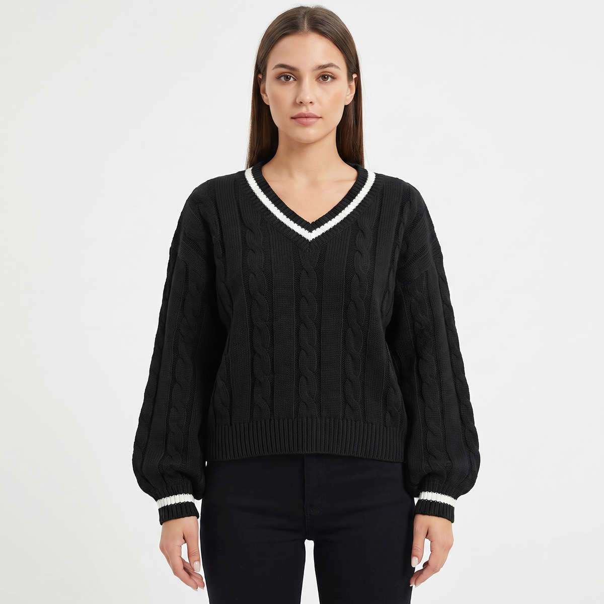 Women's Cable Knit Cricket Sweater V-Neck Contrast Stripe Cropped Top Edenforth