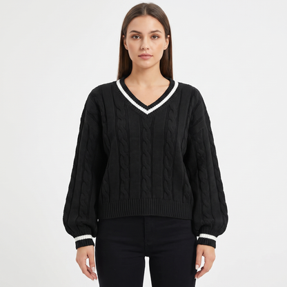 Women's Cable Knit Cricket Sweater V-Neck Contrast Stripe Cropped Top Edenforth