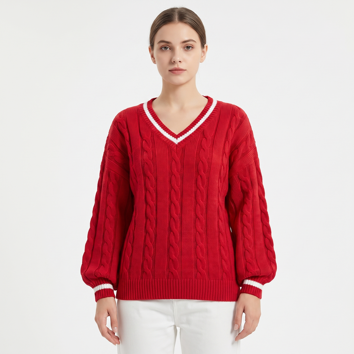 Women's Cable Knit Cricket Sweater V-Neck Contrast Stripe Cropped Top Edenforth