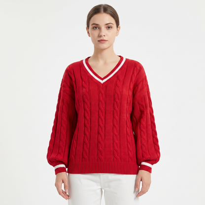 Women's Cable Knit Cricket Sweater V-Neck Contrast Stripe Cropped Top Edenforth
