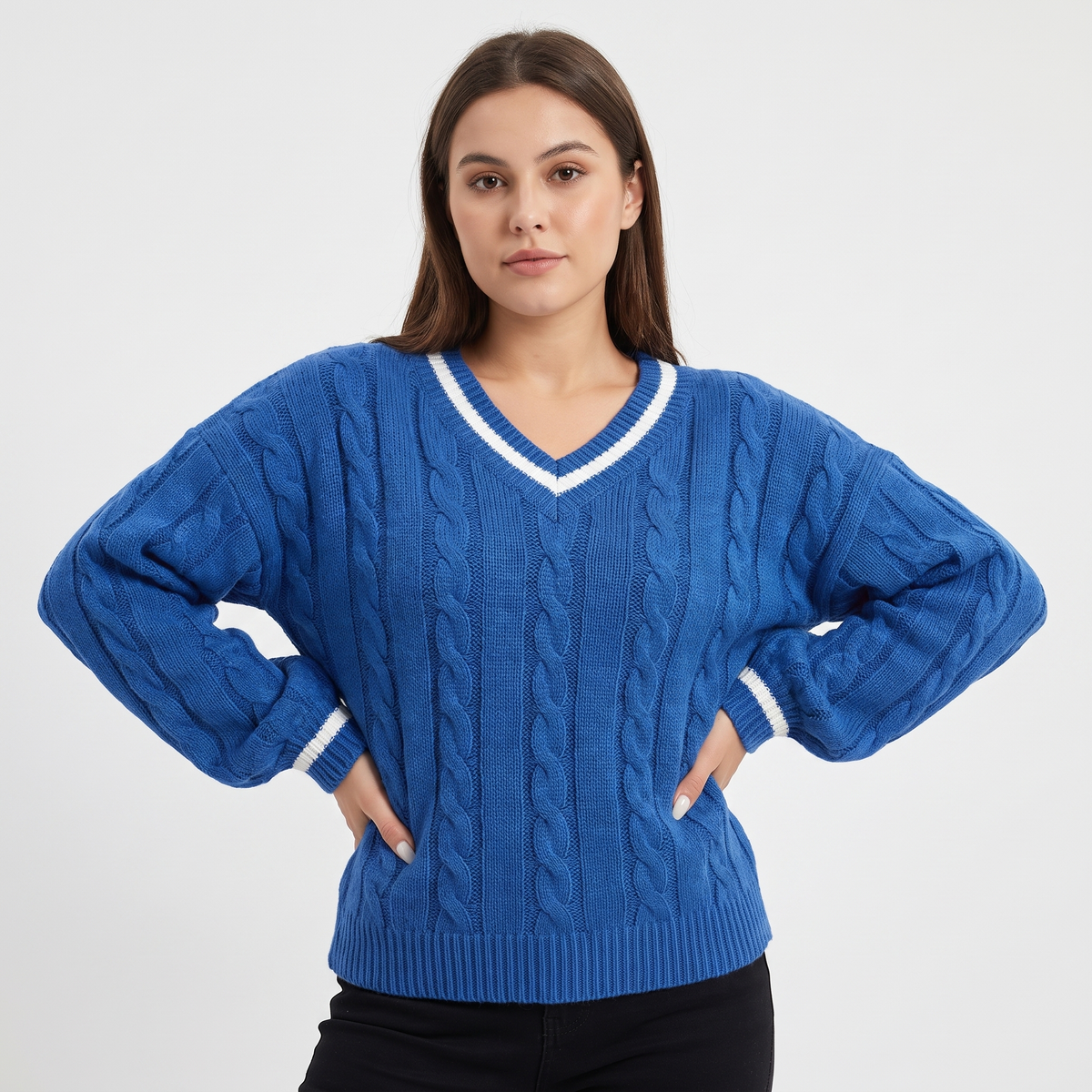Women's Cable Knit Cricket Sweater V-Neck Contrast Stripe Cropped Top Edenforth
