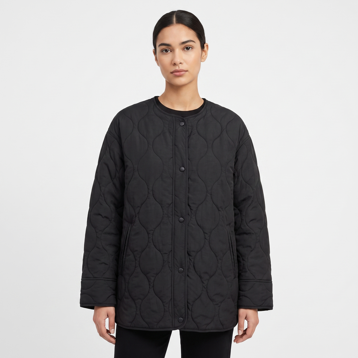 Women's Oversized Onion Quilted Jacket Collarless Snap Button Padded Coat Edenforth
