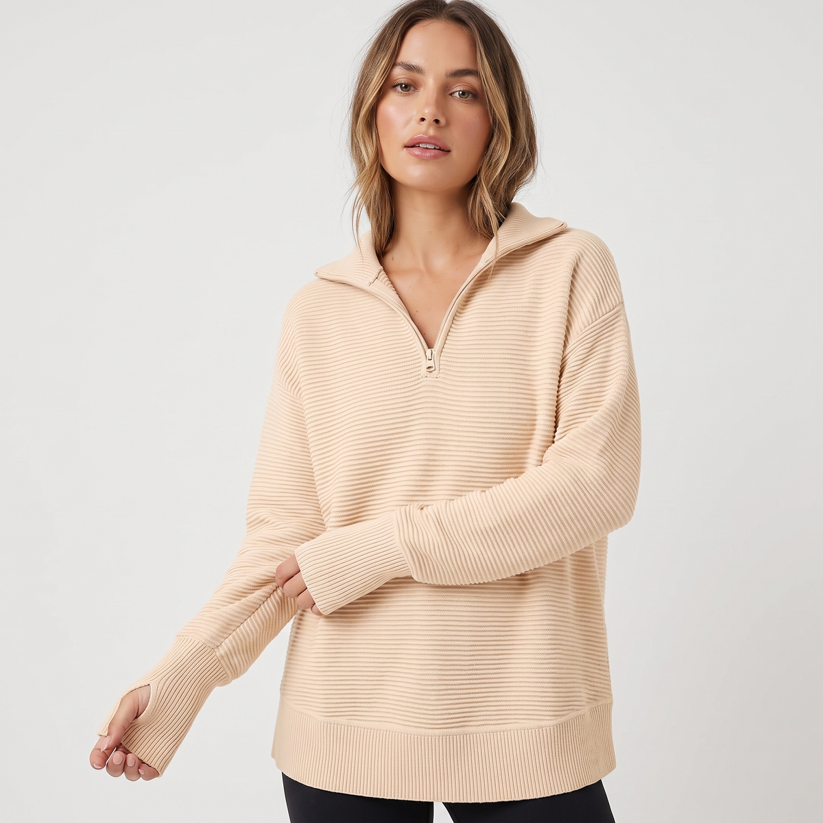 Women's Half-Zip Ribbed Knit Pullover Oversized Polo Neck Sweater Top Edenforth