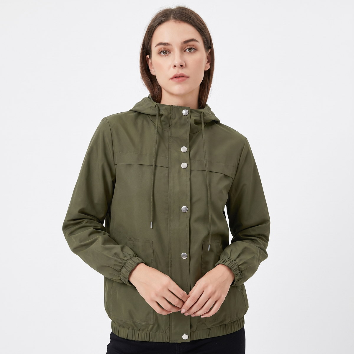 Women's Snap Button Windbreaker Jacket Stand Collar Zip-Up Lightweight Coat Edenforth