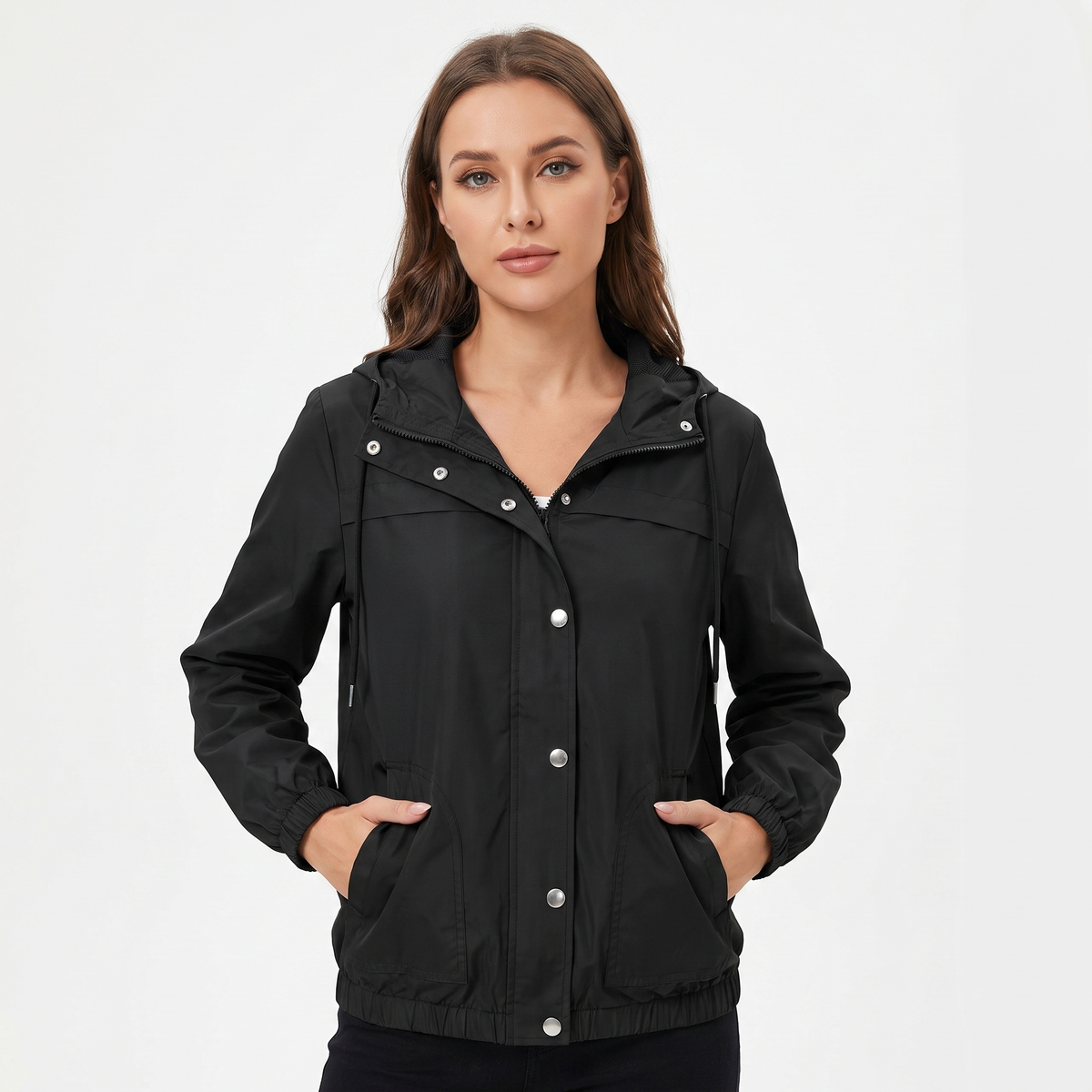 Women's Snap Button Windbreaker Jacket Stand Collar Zip-Up Lightweight Coat Edenforth
