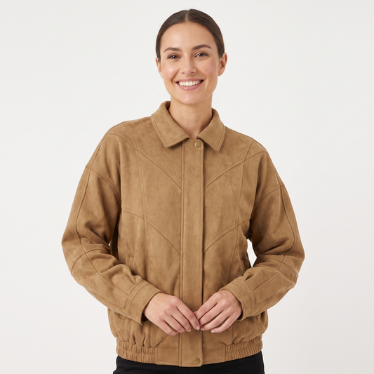 Women's Faux Suede Oversized Bomber Jacket Snap Button Panelled Outerwear Edenforth