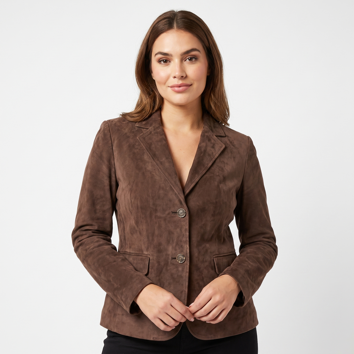 Women's Faux Suede Fitted Blazer Two Button Notch Lapel Tailored Jacket Edenforth