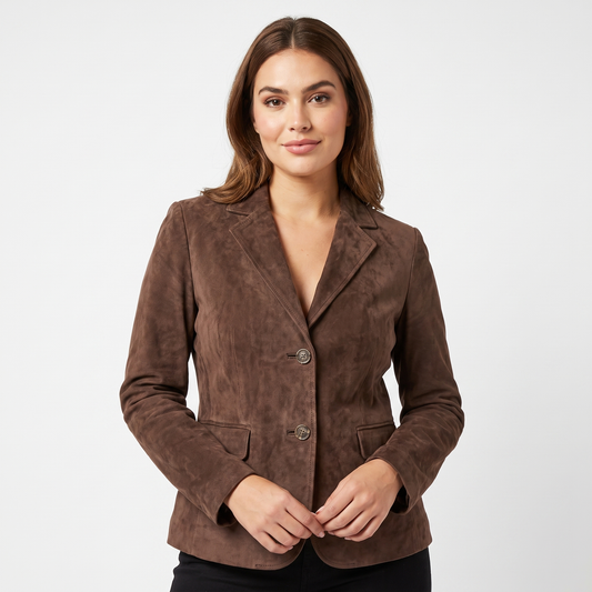 Women's Faux Suede Fitted Blazer Two Button Notch Lapel Tailored Jacket Edenforth
