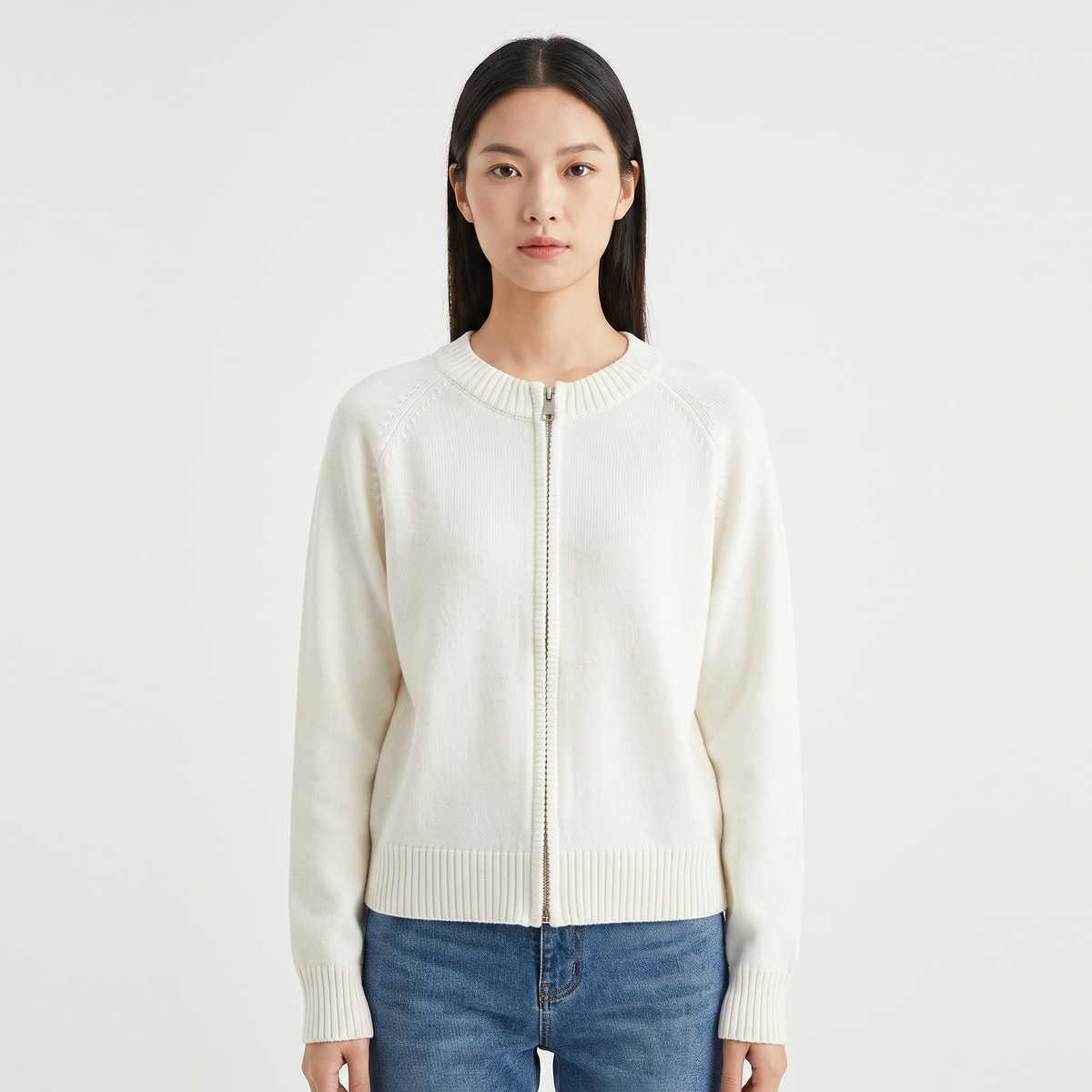 Women's Zip-Up Knit Cardigan Crew-Neck Relaxed-Fit Long-Sleeve Jacket Edenforth