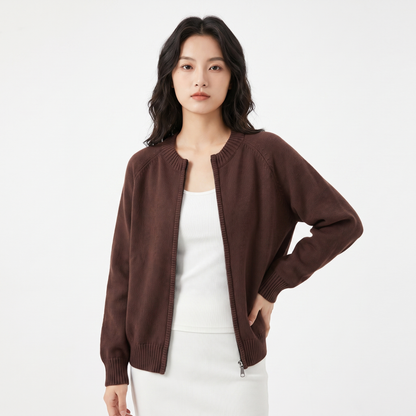 Women's Zip-Up Knit Cardigan Crew-Neck Relaxed-Fit Long-Sleeve Jacket Edenforth