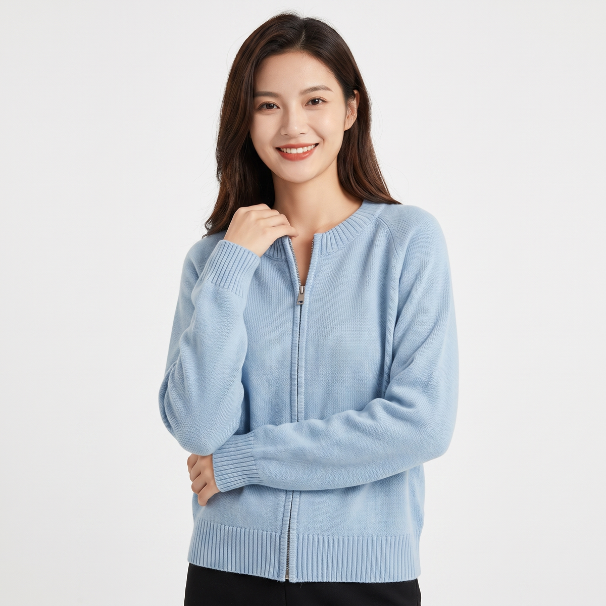 Women's Zip-Up Knit Cardigan Crew-Neck Relaxed-Fit Long-Sleeve Jacket Edenforth