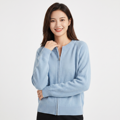 Women's Zip-Up Knit Cardigan Crew-Neck Relaxed-Fit Long-Sleeve Jacket Edenforth