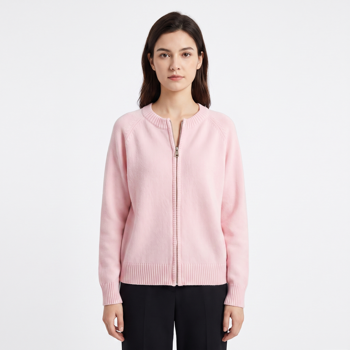 Women's Zip-Up Knit Cardigan Crew-Neck Relaxed-Fit Long-Sleeve Jacket Edenforth