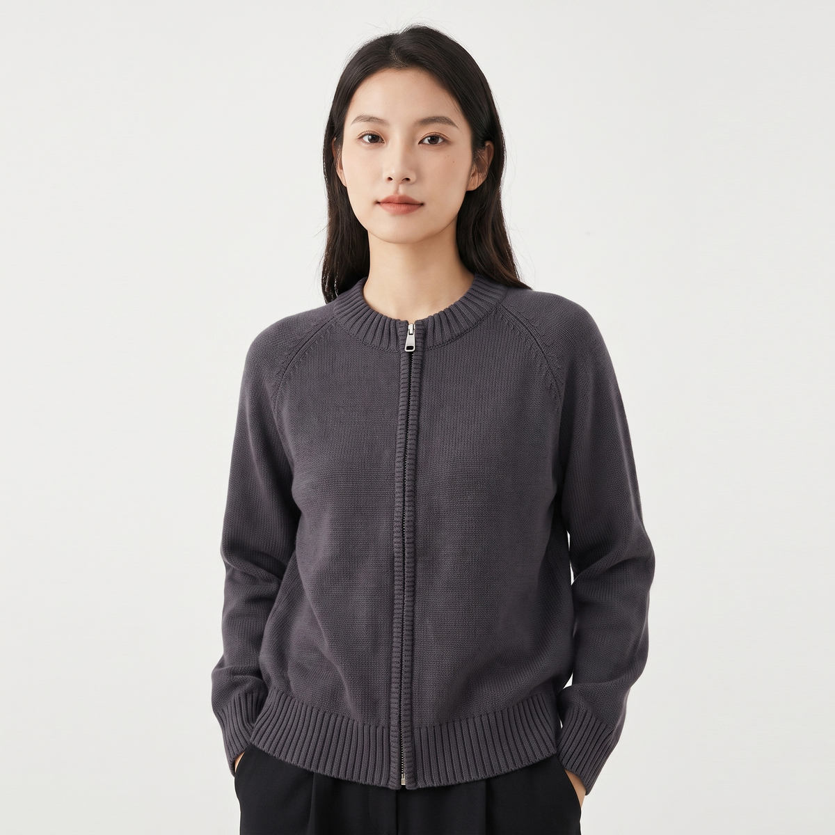Women's Zip-Up Knit Cardigan Crew-Neck Relaxed-Fit Long-Sleeve Jacket Edenforth