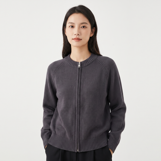 Women's Zip-Up Knit Cardigan Crew-Neck Relaxed-Fit Long-Sleeve Jacket Edenforth