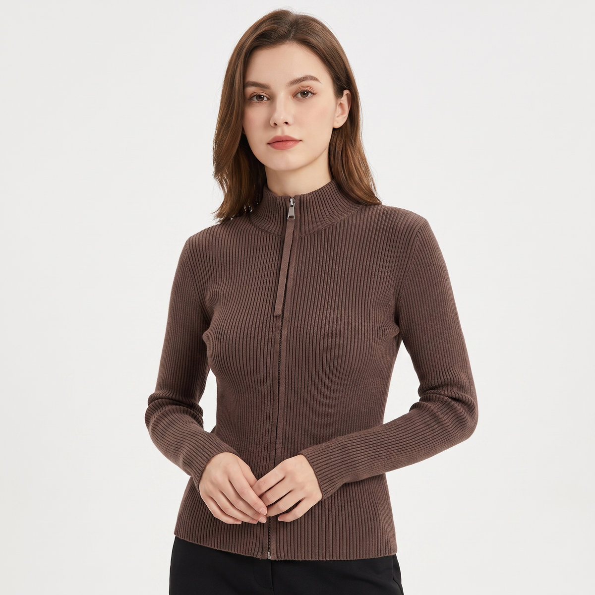 Women's Ribbed Zip-Up Fitted Knit Turtleneck Long-Sleeve Stretch Top Edenforth