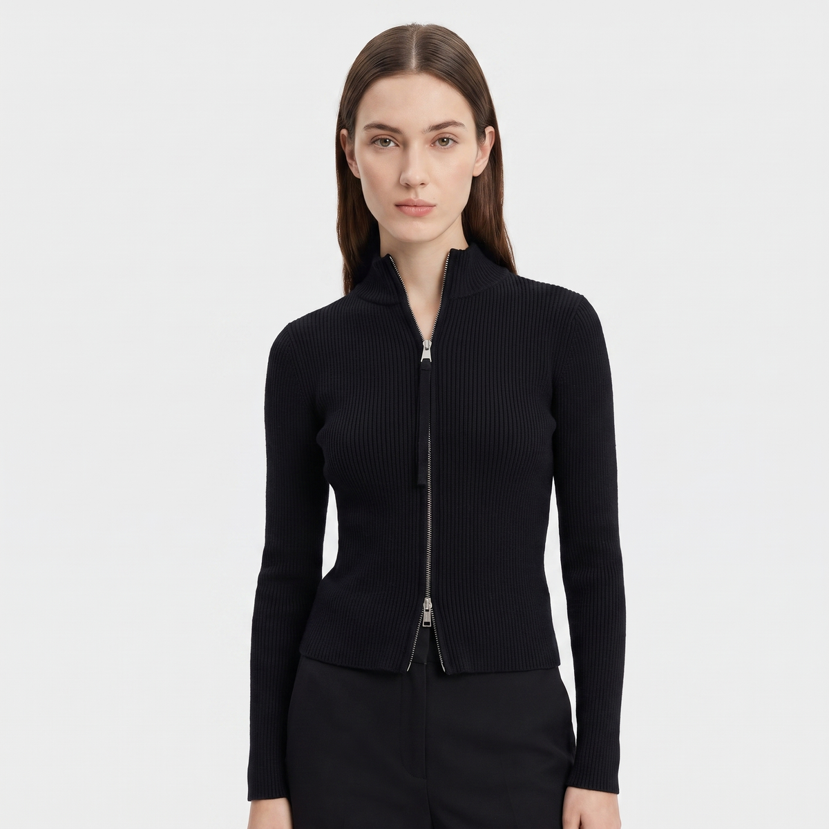 Women's Ribbed Zip-Up Fitted Knit Turtleneck Long-Sleeve Stretch Top Edenforth