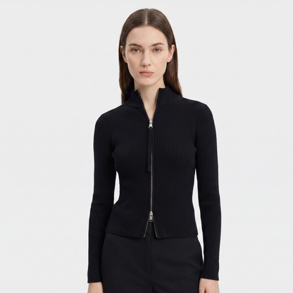 Women's Ribbed Zip-Up Fitted Knit Turtleneck Long-Sleeve Stretch Top Edenforth