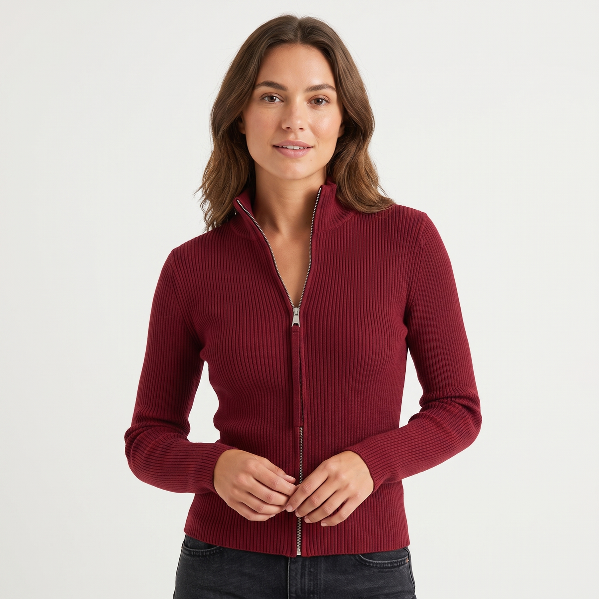 Women's Ribbed Zip-Up Fitted Knit Turtleneck Long-Sleeve Stretch Top Edenforth
