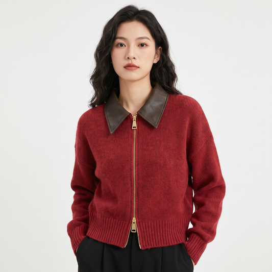 Women's Fluffy Knit Zip-Up Cardigan Faux Leather Collar Cropped Jacket Edenforth