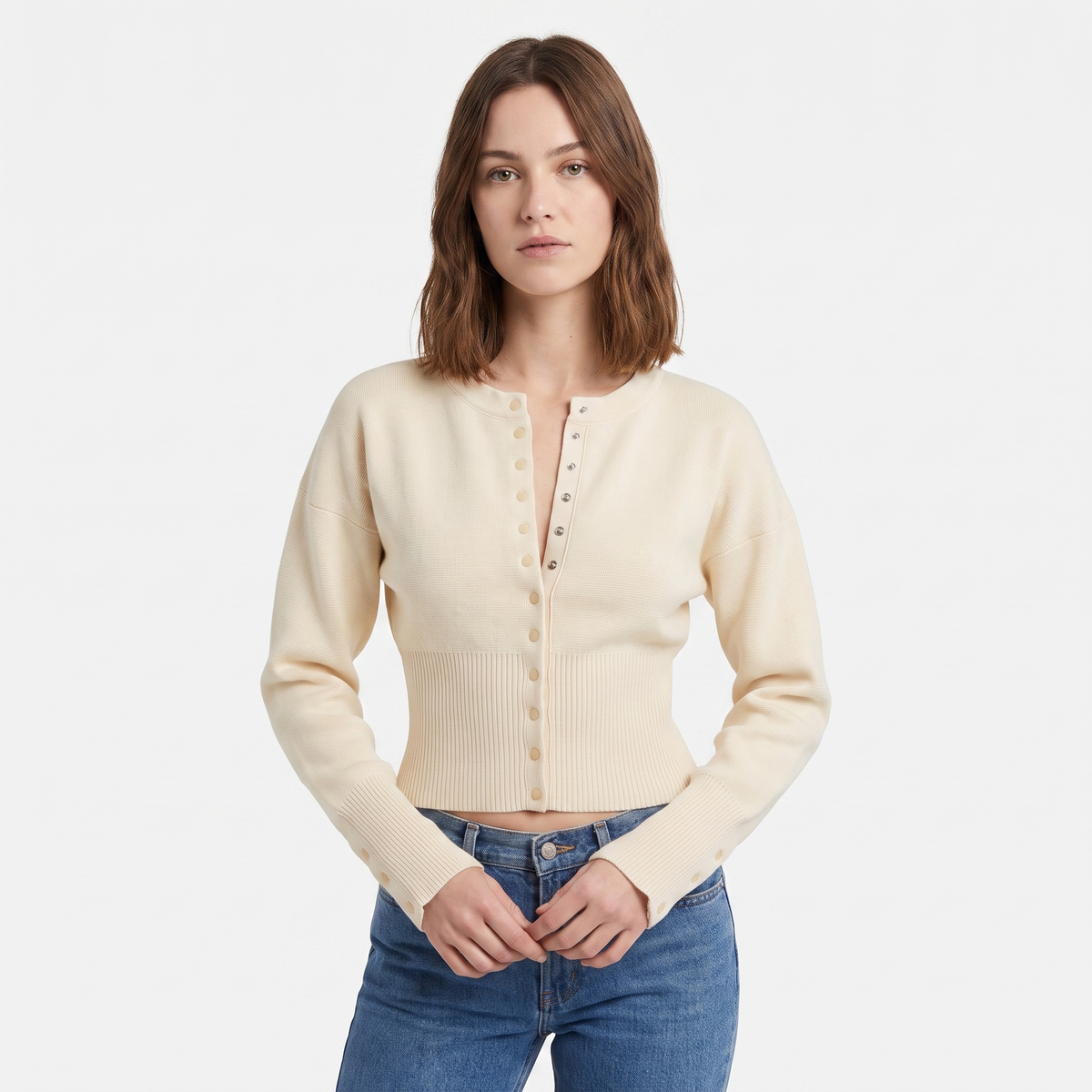 Women's Cropped Button Front Knit Cardigan Crew-Neck Ribbed Hem Sweater Top Edenforth