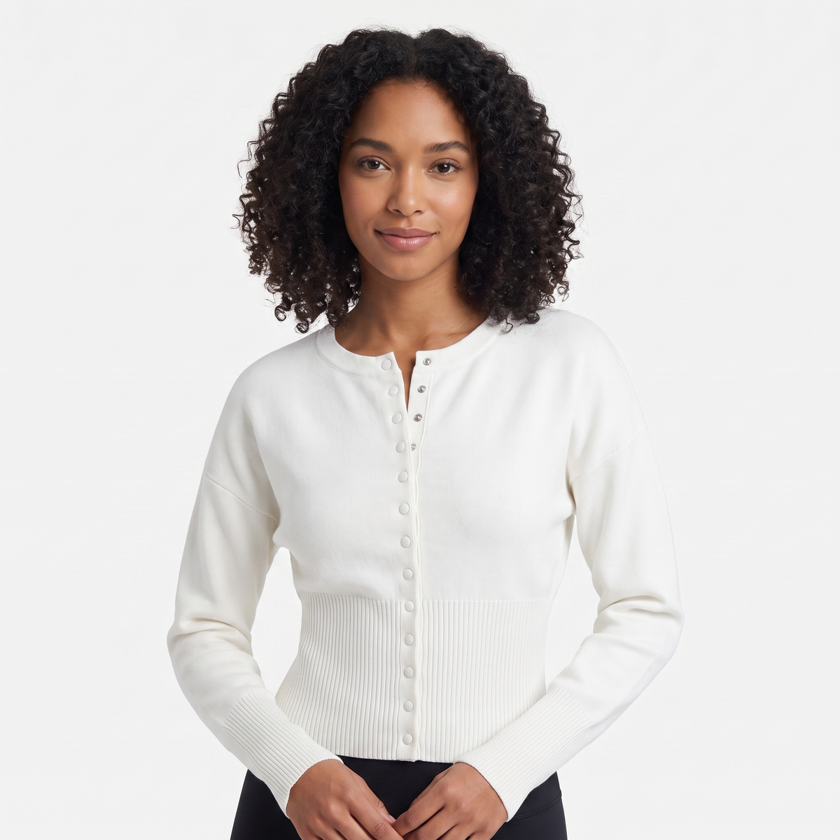 Women's Cropped Button Front Knit Cardigan Crew-Neck Ribbed Hem Sweater Top Edenforth