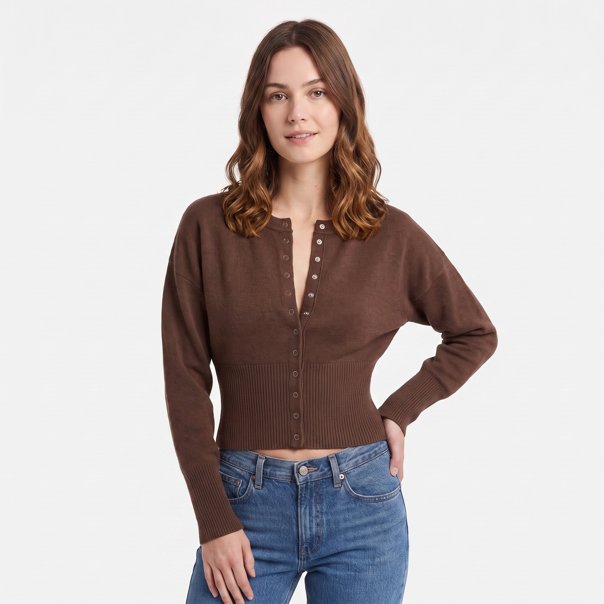 Women's Cropped Button Front Knit Cardigan Crew-Neck Ribbed Hem Sweater Top Edenforth