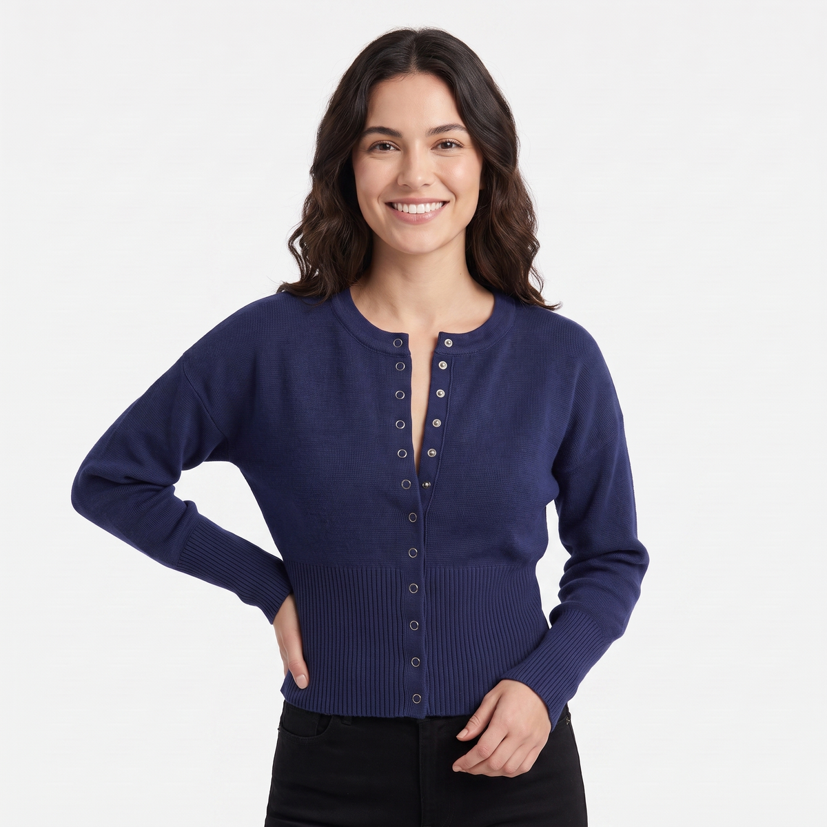 Women's Cropped Button Front Knit Cardigan Crew-Neck Ribbed Hem Sweater Top Edenforth