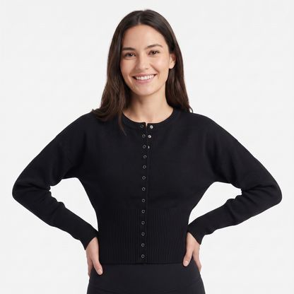 Women's Cropped Button Front Knit Cardigan Crew-Neck Ribbed Hem Sweater Top Edenforth