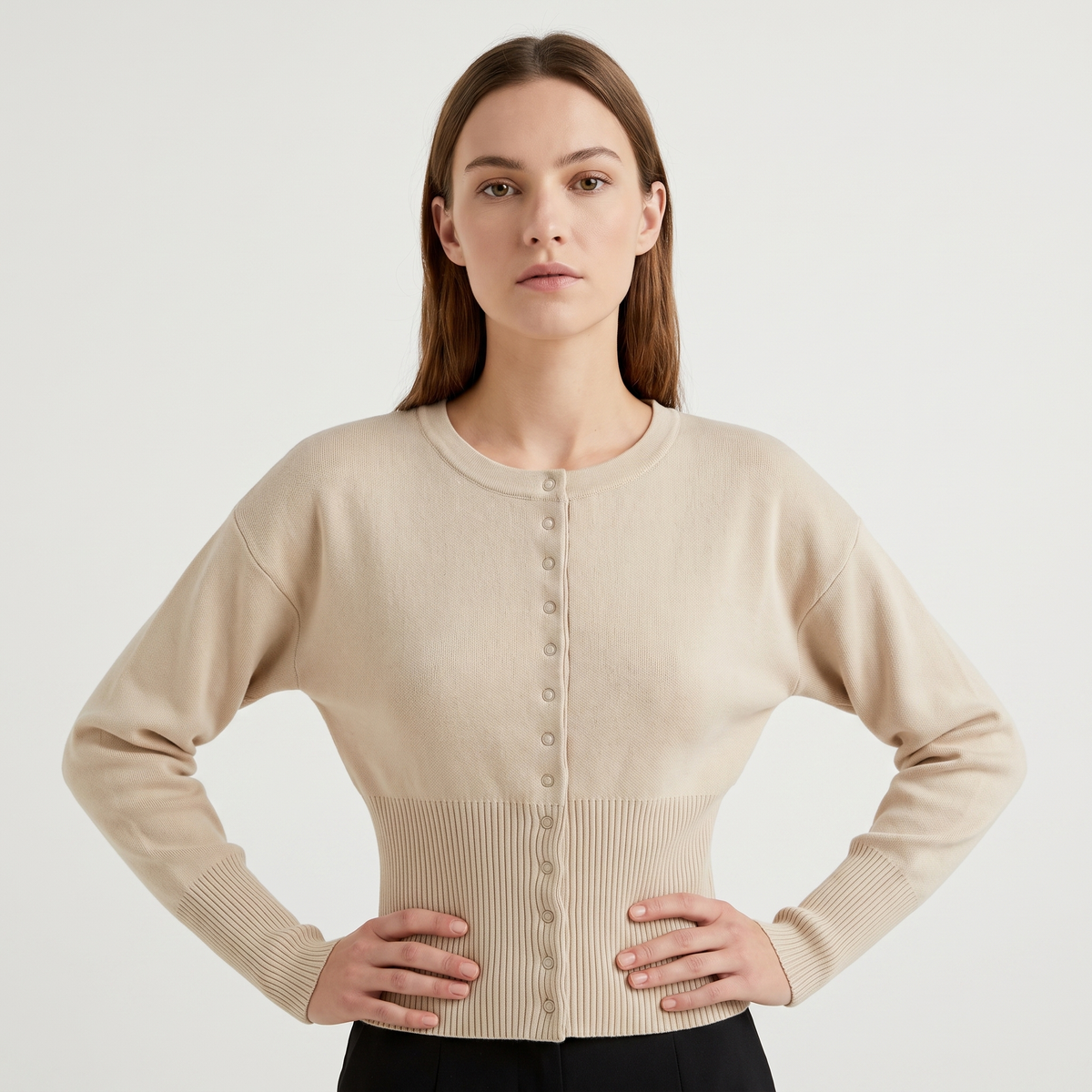 Women's Cropped Button Front Knit Cardigan Crew-Neck Ribbed Hem Sweater Top Edenforth
