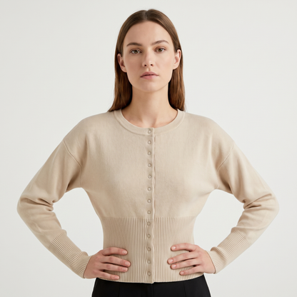 Women's Cropped Button Front Knit Cardigan Crew-Neck Ribbed Hem Sweater Top Edenforth
