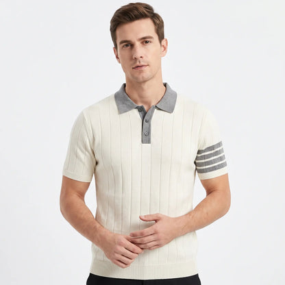 Men's Contrast Collar Knit Polo Shirt Short-Sleeve Stripe Detail Winter Top Edenforth