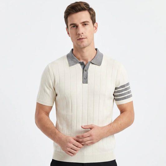 Men's Contrast Collar Knit Polo Shirt Short-Sleeve Stripe Detail Winter Top Edenforth