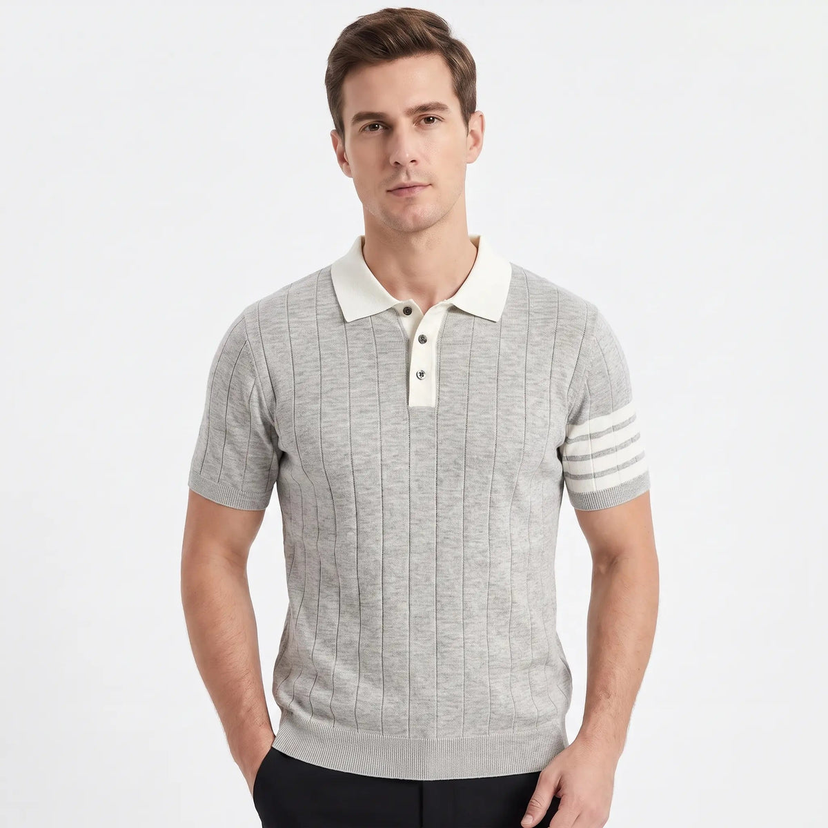 Men's Contrast Collar Knit Polo Shirt Short-Sleeve Stripe Detail Winter Top Edenforth