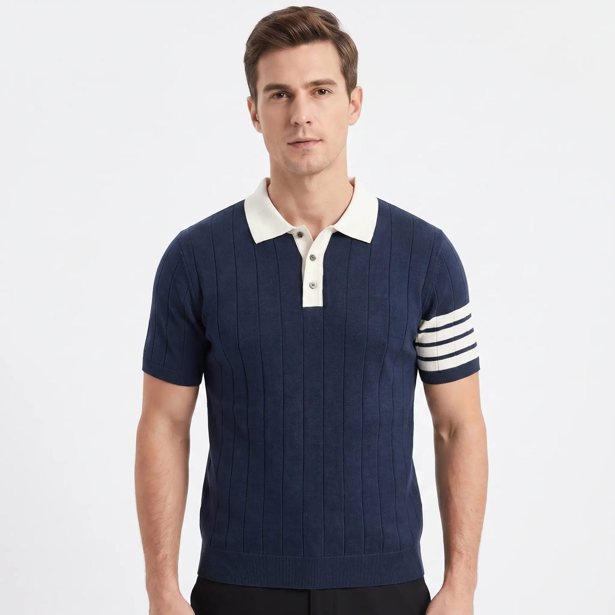 Men's Contrast Collar Knit Polo Shirt Short-Sleeve Stripe Detail Winter Top Edenforth