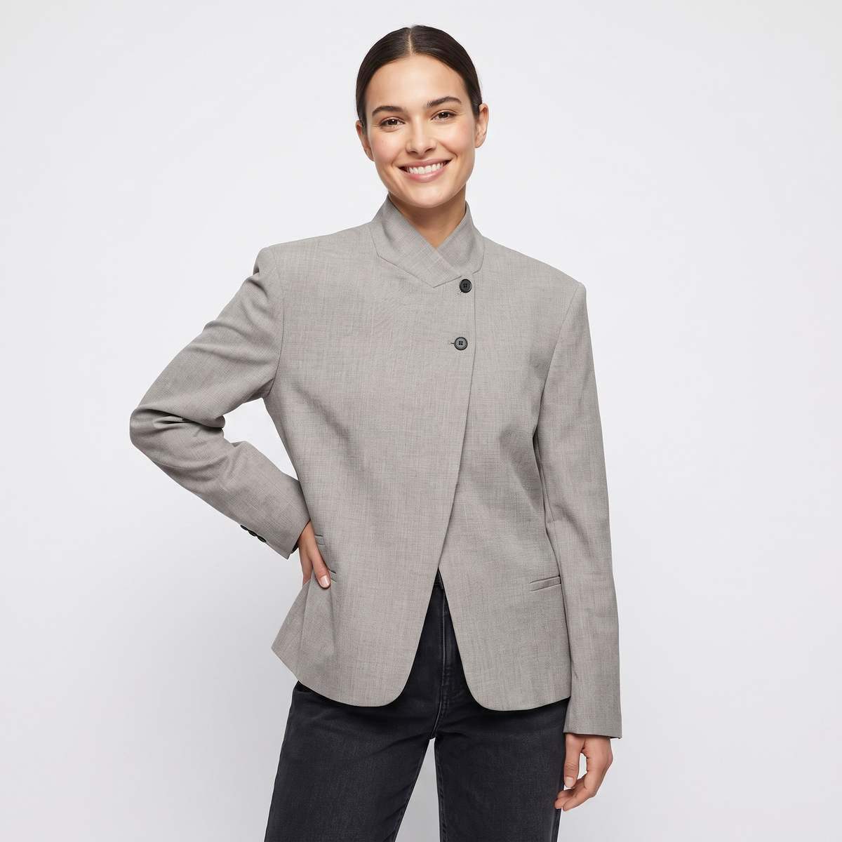 Women's Asymmetric Button Blazer Stand Collar Fitted Work Jacket Outerwear Edenforth